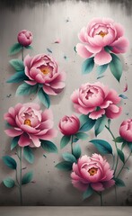 Flowers painted on a concrete wall. Peonies on the wall grunge texture. Photo wallpaper, mural, wallpaper, design for walls, Generative AI