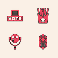 Set Hotdog sandwich, Vote box, Potatoes french fries in and Tourist binoculars icon. Vector