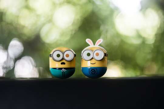 Bangkok, Thailand - November 4, 2023 : A Minions Random Box of tumbler Minions a collection of Minions BOB 1.0, randomly to 12 and secret 1 designs, sall in Miniso shop at Thailand