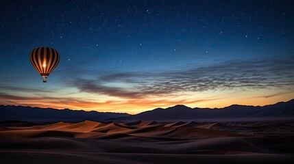A majestic hot air balloon soars under the stars of the Milky Way, over the desert - Mesquite Dunes of Death Valley National Park. Moonlight provides luminosity showing the patterns and shapes of the 