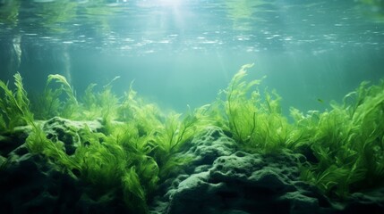 green bright algae growing underwater.