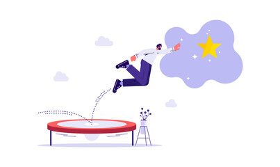 Reach goal or target, growth and achievement concept, businessman jump on trampoline to grab star, reach success, improvement or career development