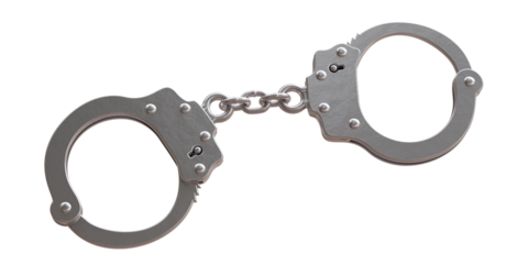 Handcuffs isolated on white transparent background. PNG. Metal chain and locked cuffs.