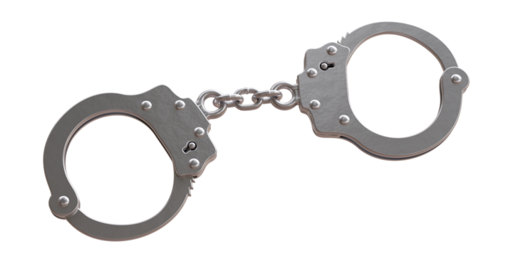 Handcuffs isolated on white transparent background. PNG. Metal chain and locked cuffs.