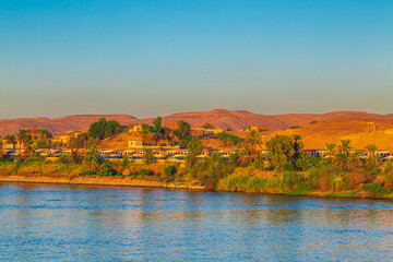 Magnificent scenery on the Nile River. Sunset.