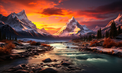 Yellow Aurora, Snowstorm, River, and Snowy Mountains