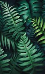Photo wallpapers for the interior. Mural for the walls. Tropical leaves. The decor is in the grunge style. Fern leaves, Generative AI