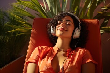 A woman lounging on a chair and listening to music on her headphones. Great for stories on audio, music, lifestyle, meditation, relaxation and more. 