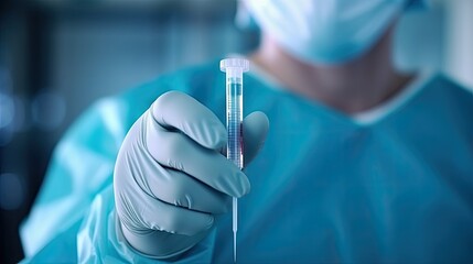 Fototapeta premium Anesthetist dentist doctor holds in his hand anesthesia syringe prior to dental surgery. Hand in a rubber glove that fits to one side 