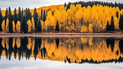 Autumn is in full display in this whimsical abstract photo of aspen trees, pine trees and reflections in clear water. Bright and bold yellow hues color the leaves on each tall tree. Pine trees are vis