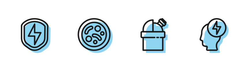 Set line Astronomical observatory, Secure shield with lightning, Bacteria and Head and electric symbol icon. Vector