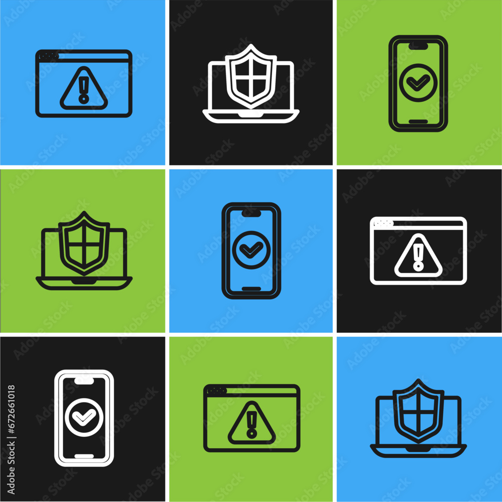 Poster set line browser with exclamation mark, smartphone and laptop protected shield icon. vector