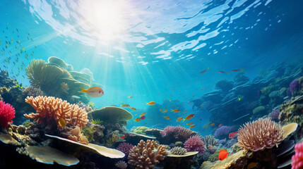 underwater panorama, vibrant coral reef with schools of fish, dreamlike distortion, lens flare, ethereal sunlight filtering down - obrazy, fototapety, plakaty