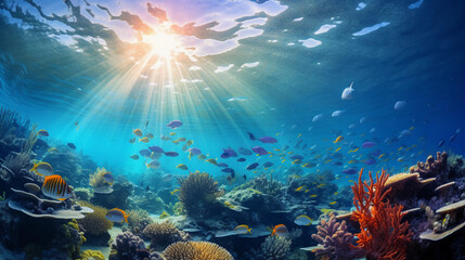 underwater panorama, vibrant coral reef with schools of fish, dreamlike distortion, lens flare, ethereal sunlight filtering down - obrazy, fototapety, plakaty
