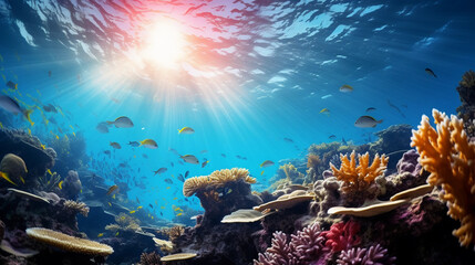 underwater panorama, vibrant coral reef with schools of fish, dreamlike distortion, lens flare, ethereal sunlight filtering down