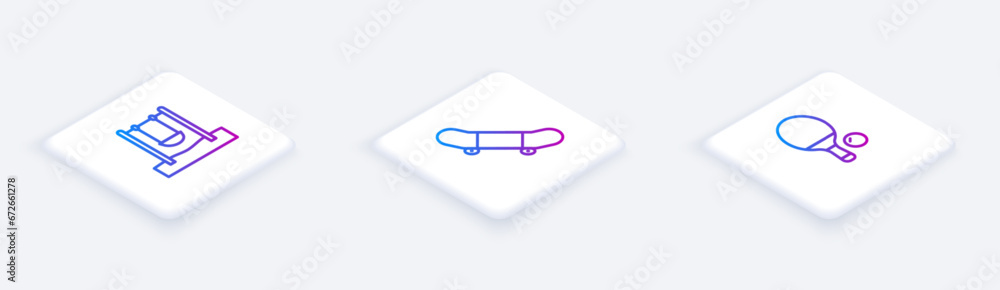 Poster set isometric line swing, skateboard trick and racket and ball. white square button. vector