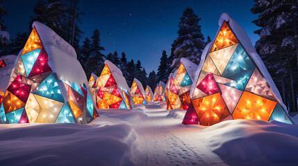 Cubist winter wonderland, snowy landscape filled with abstract geometric Christmas trees, vibrant primary colors, twinkling lights, festive atmosphere, wide-angle lens