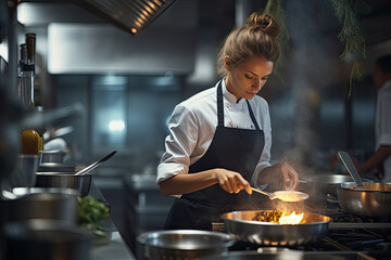 Female chef is preparing dishes in restaurant