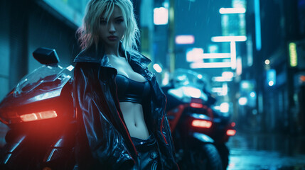 Cyberpunk Tokyo street scene at night, anime style, featuring a female protagonist with neon blue...