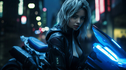Fototapeta na wymiar Cyberpunk Tokyo street scene at night, anime style, featuring a female protagonist with neon blue hair and robotic arm, standing near a futuristic motorcycle. Neon billboards, rain-soaked pavement