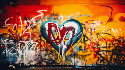 Graffiti wall art, expressive strokes, the word 'LOVE' hidden in abstract patterns, spray paint...