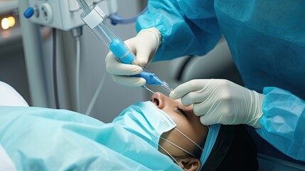 Concentrated cropped unrecognizable professional Hispanic female dentist in medical gloves and mask giving local anesthesia with syringe to senior patient during treatment procedure in modern clinic.
