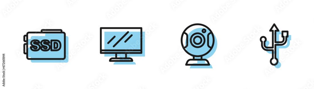 Poster set line web camera, ssd card, computer monitor screen and usb icon. vector