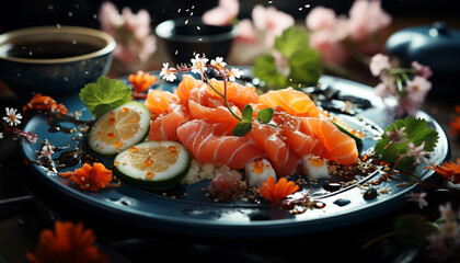 Freshness and variety on a plate, a gourmet seafood meal generated by AI