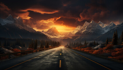 Majestic mountain range, tranquil sunset, vanishing point in nature beauty generated by AI