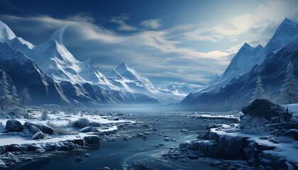 Majestic mountain range, frozen peak, tranquil snow covered landscape, panoramic beauty generated by AI