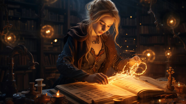 Steampunk library, filled with magical books, gears, and floating candles. Centered on a mage character reading an ancient scroll