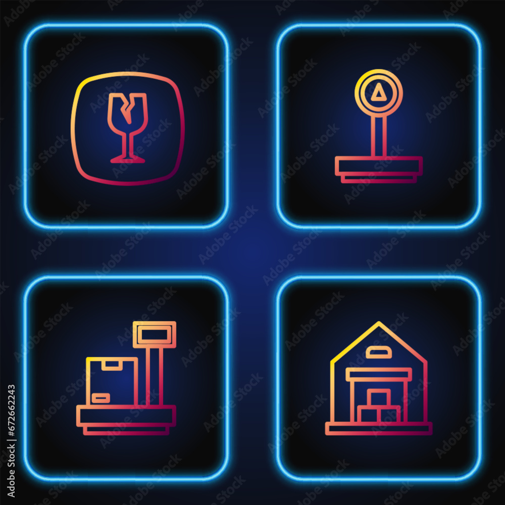 Poster set line warehouse, scale with cardboard box, fragile broken glass and . gradient color icons. vecto