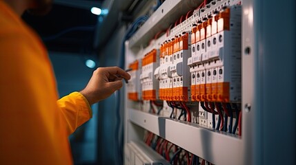 Electricity or electrical maintenance service, Electrician hand holding measuring meter checking electric current voltage circuit breaker cable wiring check main power load center distribution board.
 - obrazy, fototapety, plakaty