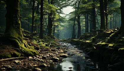 Tranquil scene  foggy forest, mysterious mountain, flowing water, green foliage generated by AI
