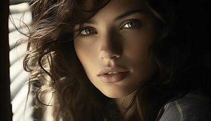 Beautiful young woman with brown hair, looking at camera sensually generated by AI