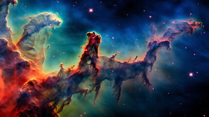 Hubble Telescope Capture, Pillars of Creation, ethereal, multicolored, gas clouds, star formations, deep focus, saturated colors