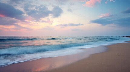 Fototapeta na wymiar Impressionist seashore: Soft pastel colors of the beach at twilight, blending sky, sand, and sea, using tilt-shift lens for selective focus