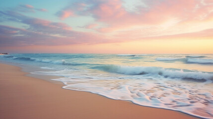 Impressionist seashore: Soft pastel colors of the beach at twilight, blending sky, sand, and sea, using tilt-shift lens for selective focus