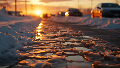 Sunset over a snowy landscape, a frozen beauty in nature generated by AI