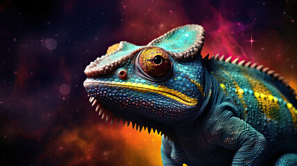 Fototapeta premium Mystical chameleon blending with cosmic nebulas and stars Ai Generative