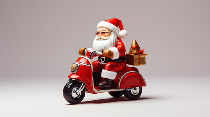 toy santa riding a scooter carrying gifts candy christmas celebration background copy space