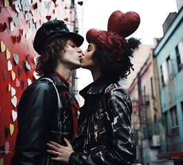 A young couple kissing passionately. Great for stories on young love, romance, alternative fashion, drama, punk, goth and more. 