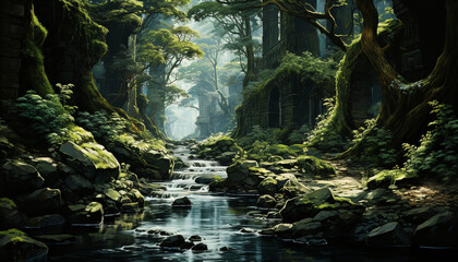 Mysterious forest, tranquil scene, wet rocks, adventure in nature generated by AI