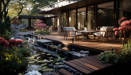 Obraz premium Modern architecture blends with nature in a luxurious outdoor dining experience generated by AI