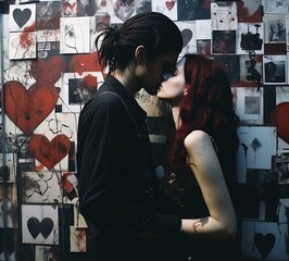 A young couple kissing passionately. Great for stories on young love, romance, alternative fashion, drama, punk, goth and more. 