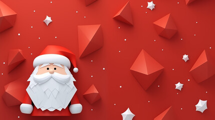 Ilustrowany Święty Mikołaj origami - mikołajki. Czerwone tło na baner lub życzenia świąteczne. - obrazy, fototapety, plakaty