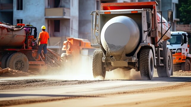 Industry concept. Concrete mixing truck service pouring cement in site building construction on daytime. Cement was poured into a wheelchair or cement trolley to make the floor.
