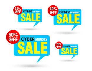 Cyber monday sale, blue tag speech bubble set. Sale 20%, 30%, 40%, 50% off discount