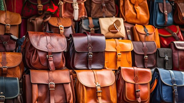 Moroccan leather bags Offered for sale in different colours and shapes as a typical Moroccan product, near the famous tanneries of Fez.
