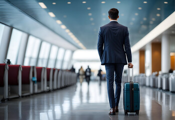 Back view of Businessman with his suitcase at the airport.
